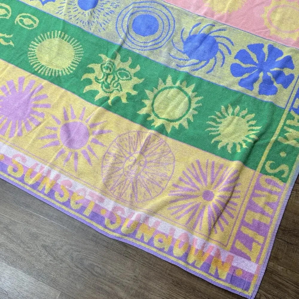 Oversized Square Beach Blanket Pool Towel Terry Cotton 1990s Sun Sunshine 52x68